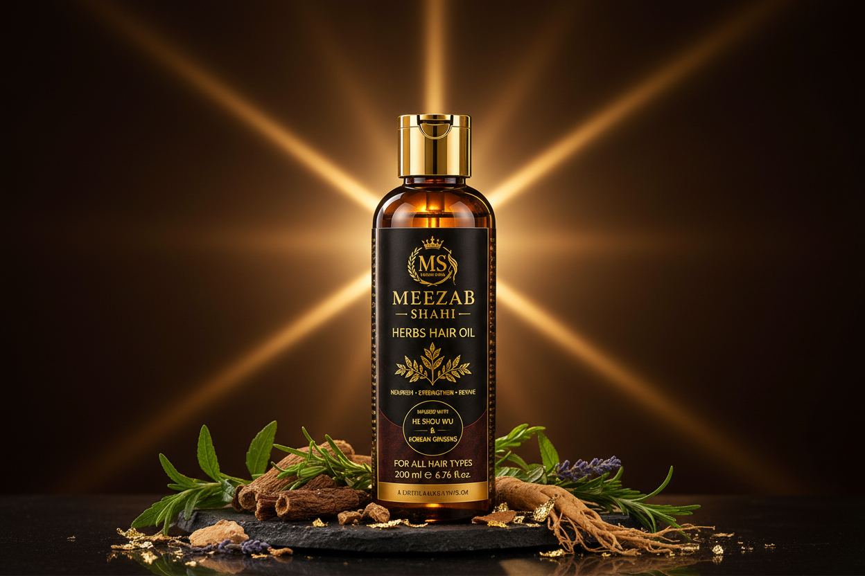 Meezab Shahi Herbs Hair Oil Ultra Premium Product Photography